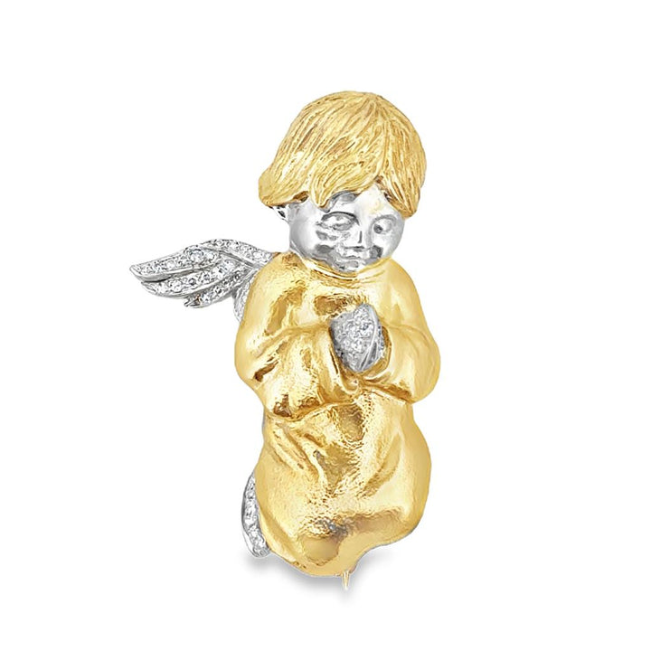 Diamond Cherub Angel Pin in 18K Yellow Gold and Platinum
