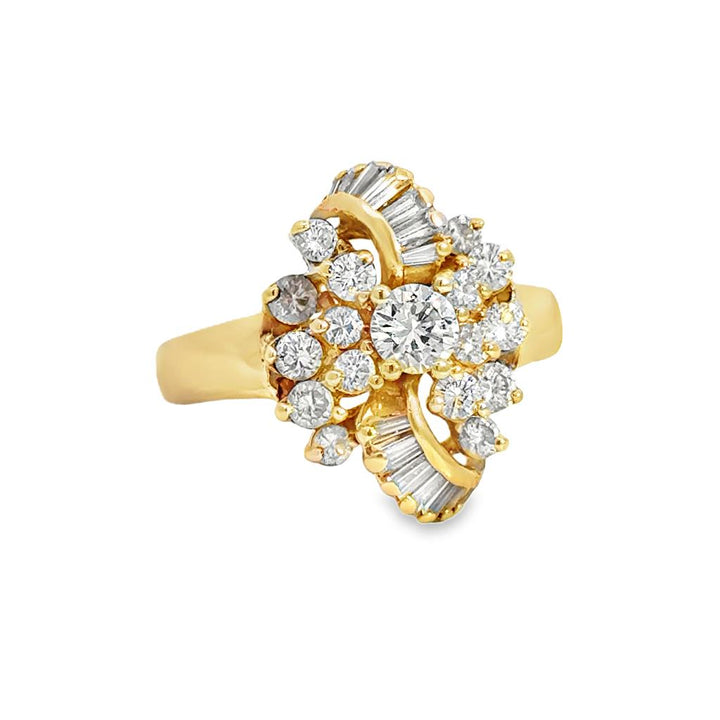 1.20ctw Diamond Cluster Ring, 14K Yellow Gold, Round and Baguette Diamonds
