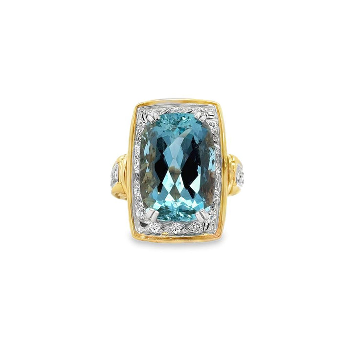 Pre-Owned 0.40 CTW Diamond & Aquamarine 18K Yellow Gold Ornate Ring