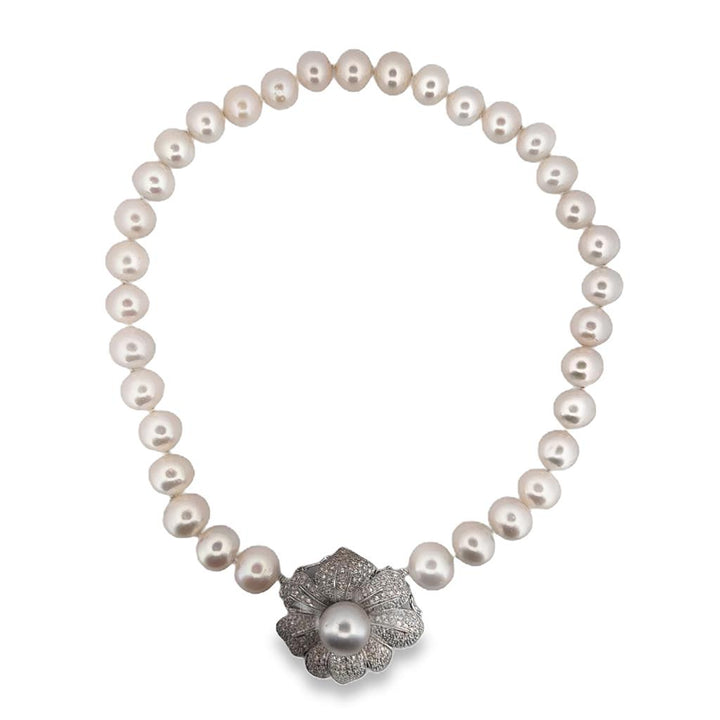 1.80 CTW Diamond Flower Brooch Pearl Necklace – 12–14mm Pearls, 18" Length