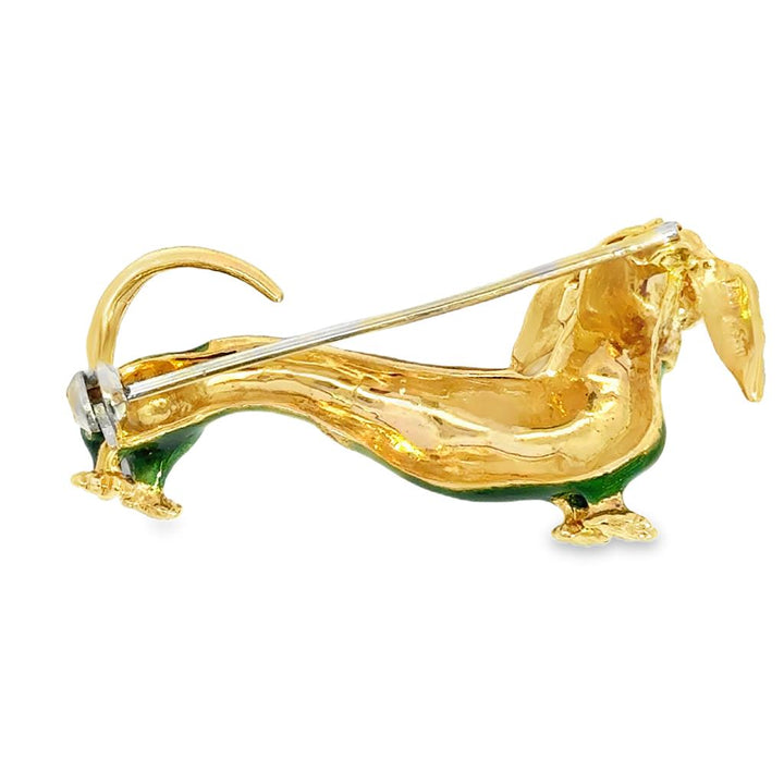Enamel Dachshund Dog Brooch – 18K Yellow Gold
