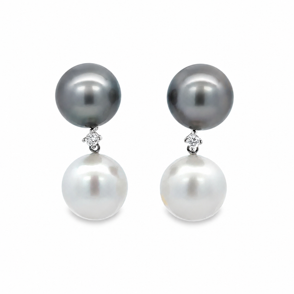 0.11 CTW Diamond South Sea and Tahitian Pearl Drop Earrings in 18K White Gold
