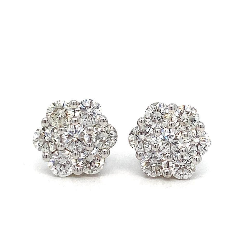 1.62 CTW Round Diamond 18K White Gold Cluster Stud Earrings