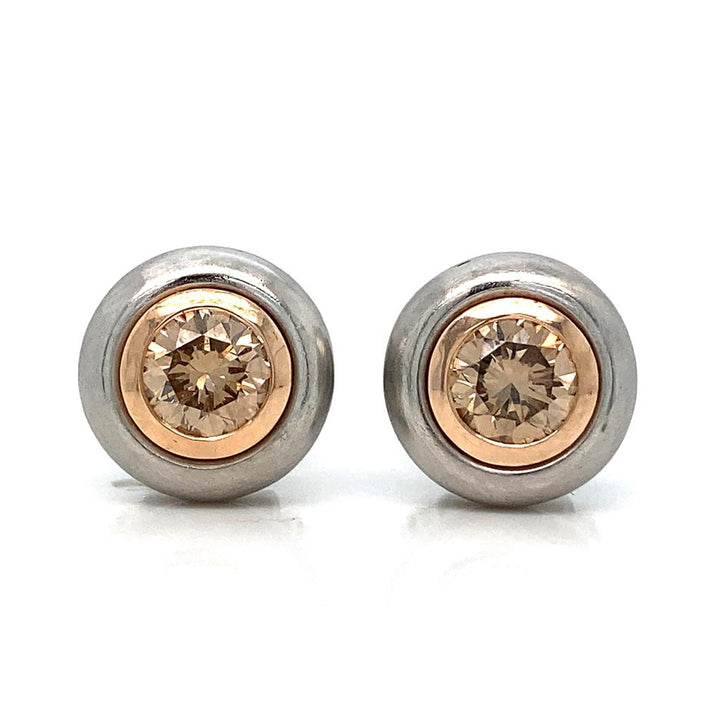 1.50 CTW Fancy Brown Diamond Platinum & 18K Rose Gold Bezel Set Earrings