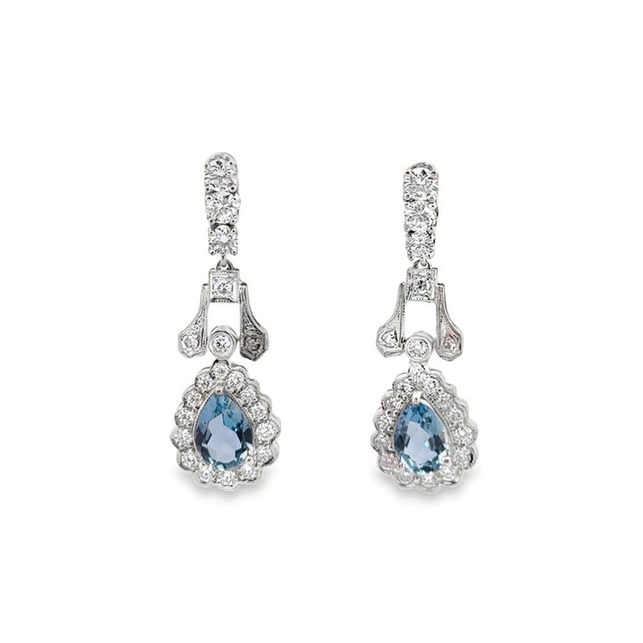0.90 CTW Diamond & Aquamarine Dangle Earrings in Platinum – Pear Shape
