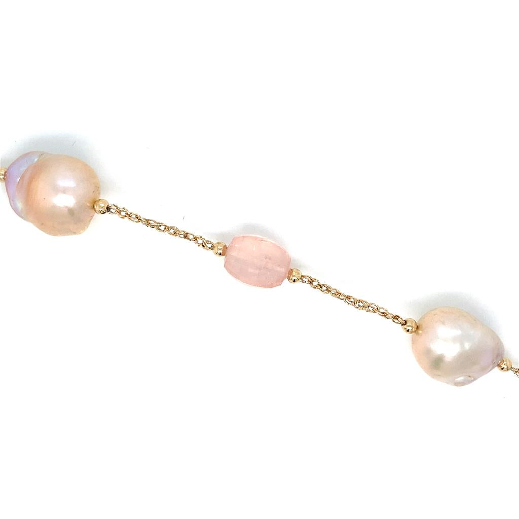 Yellow Gold Pearl and Pink Quartz Bracelet