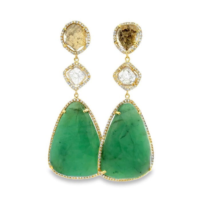 Emerald Cabochon & Diamond 14K Yellow Gold 2" Drop Earrings