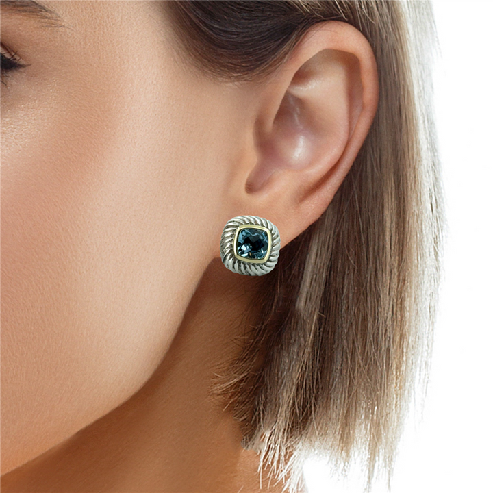 David Yurman Albion Blue Topaz Earrings – Sterling Silver & 14K Yellow Gold, 14mm Wide