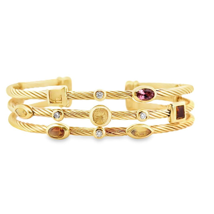 David Yurman 18K Yellow Gold Tourmaline and Diamond 3-Row Confetti Cuff Bracelet