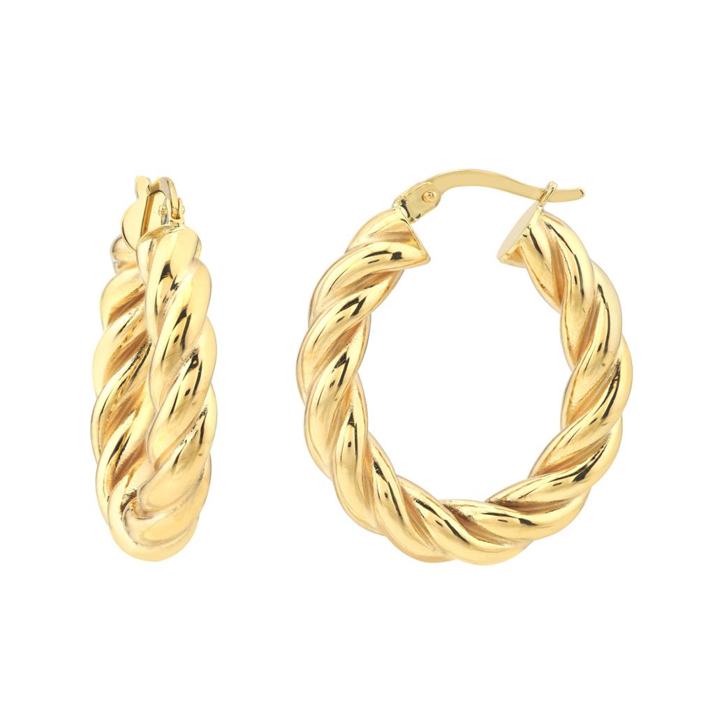 14K Yellow Gold Oval Rope Twist Hoop Earrings