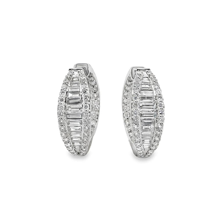 2.00 CTW Round & Baguette Diamond 14K White Gold Hoop Earrings