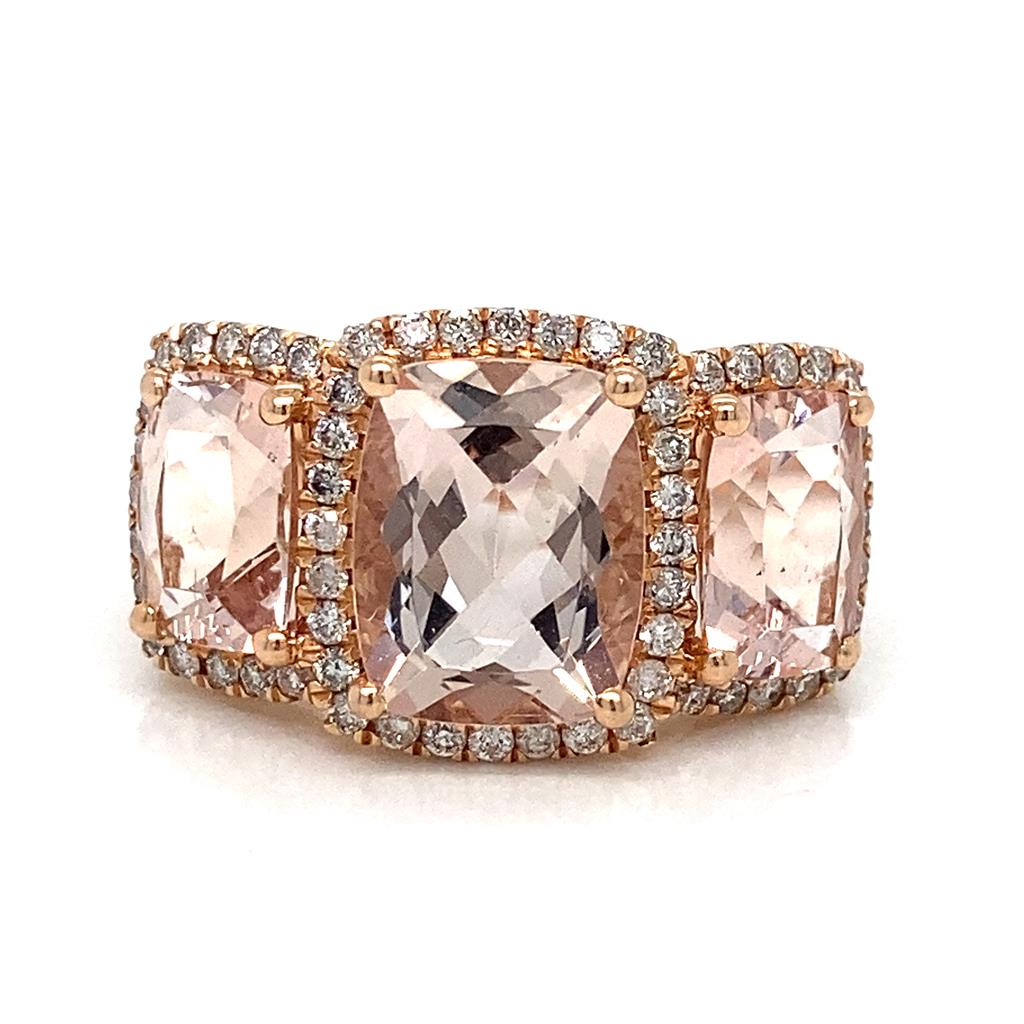 5.47 CTW Morganite Three Stone Diamond Halo Ring