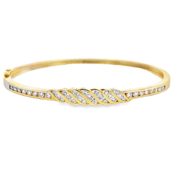 0.75 CTW Diamond 14K Yellow Gold Twisted Design Hinged Bangle Bracelet