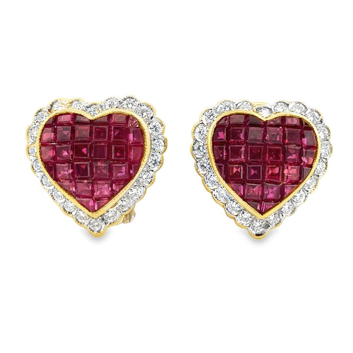 4.25CTW Ruby Heart Earrings with Diamonds in 18K Yellow Gold