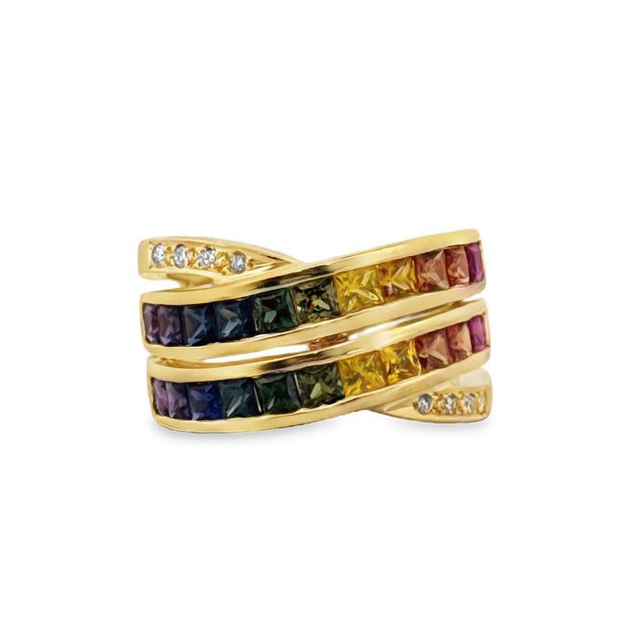 Rainbow Sapphire & 0.10 CTW Diamond Wide Band Ring – 18K Yellow Gold