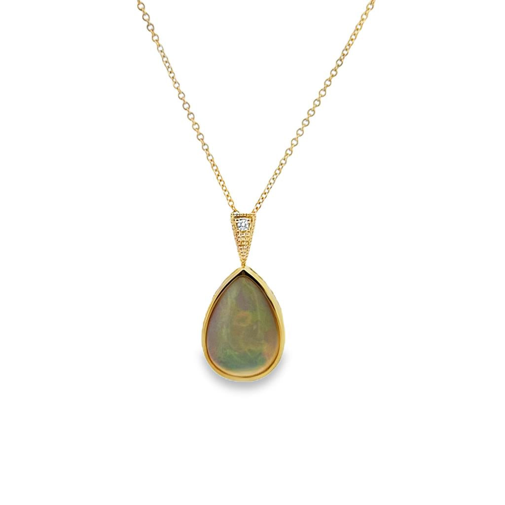 9.04 CT Ethiopian Opal & 0.05 CT Diamond 14K Yellow Gold Teardrop Pendant Necklace