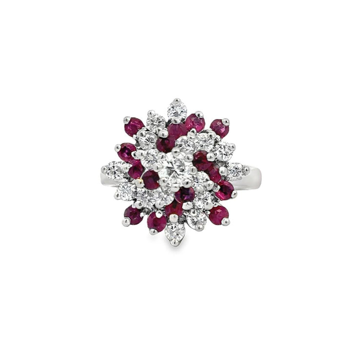 0.60 CTW Diamond & Ruby Cluster Ring in 14K White Gold – Size 6