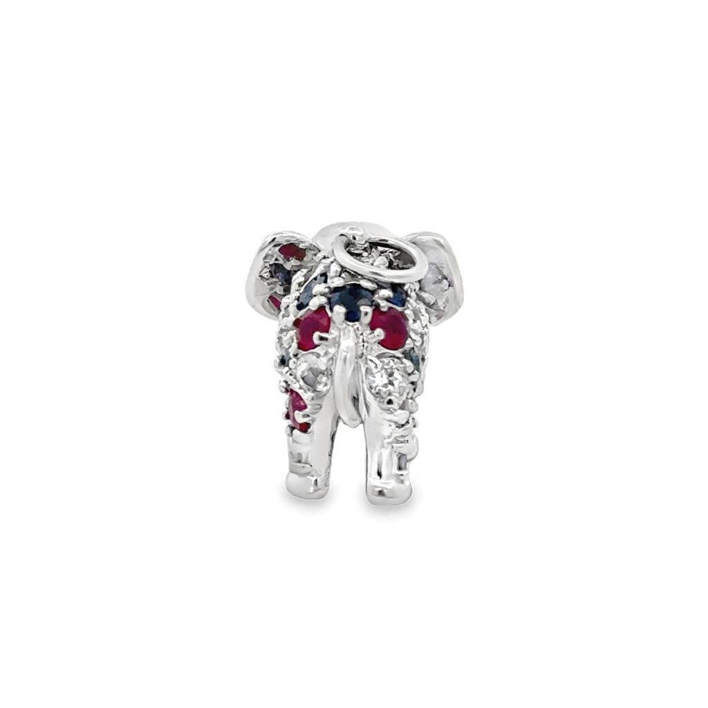 14K White Gold Aquamarine, Ruby & Sapphire Elephant Pendant/Charm