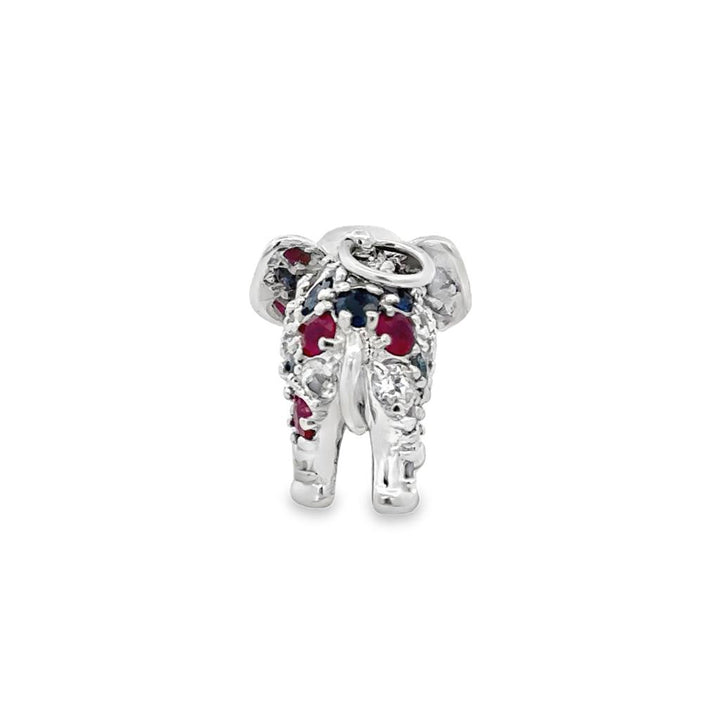 14K White Gold Aquamarine, Ruby & Sapphire Elephant Pendant/Charm