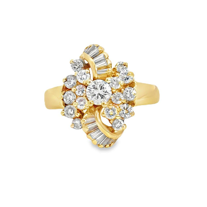 1.20ctw Diamond Cluster Ring, 14K Yellow Gold, Round and Baguette Diamonds