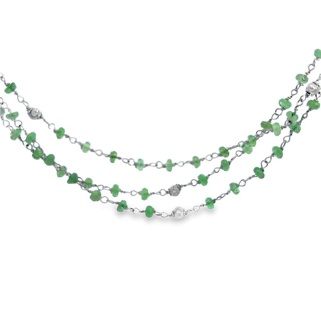 Emerald Bead 3-Strand 18K White Gold Necklace with Textured Ball Accents