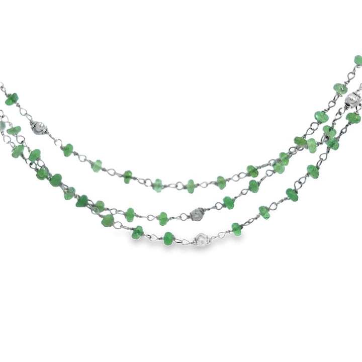 Emerald Bead 3-Strand 18K White Gold Necklace with Textured Ball Accents
