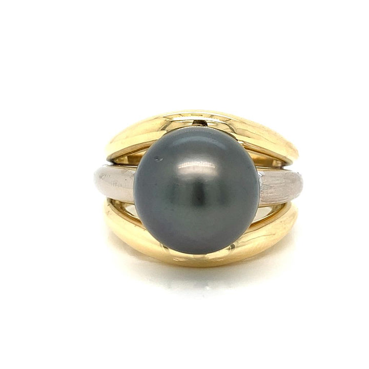 Mikimoto 12mm Black Tahitian Pearl 18K White and Yellow Gold Ring
