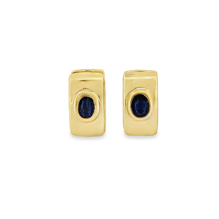 Oval Sapphire 18K Yellow Gold Square Huggie Hoop Earrings