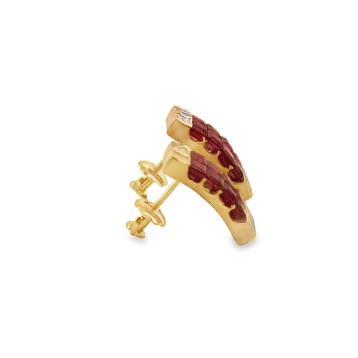 Ruby & Diamond Princess Cut Earrings in 14K Yellow Gold, 14mm