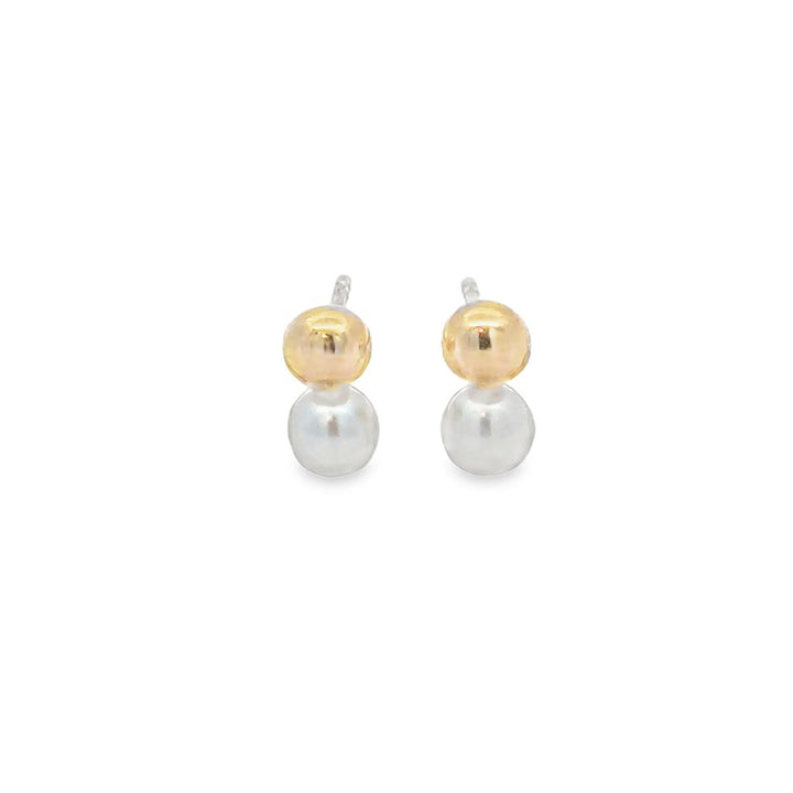 14K Yellow Gold Ball and White Pearl Drop Stud Earrings