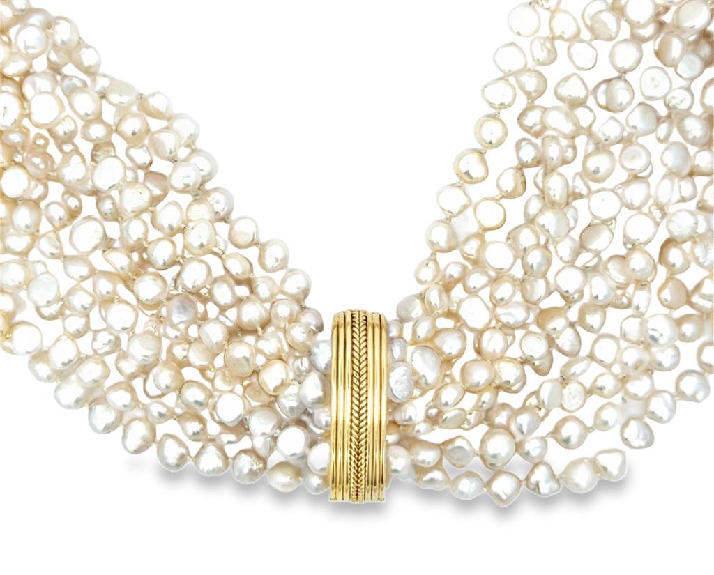 Elizabeth Gage Multi-Strand Pearl Necklace with 18K Yellow Gold Clasp