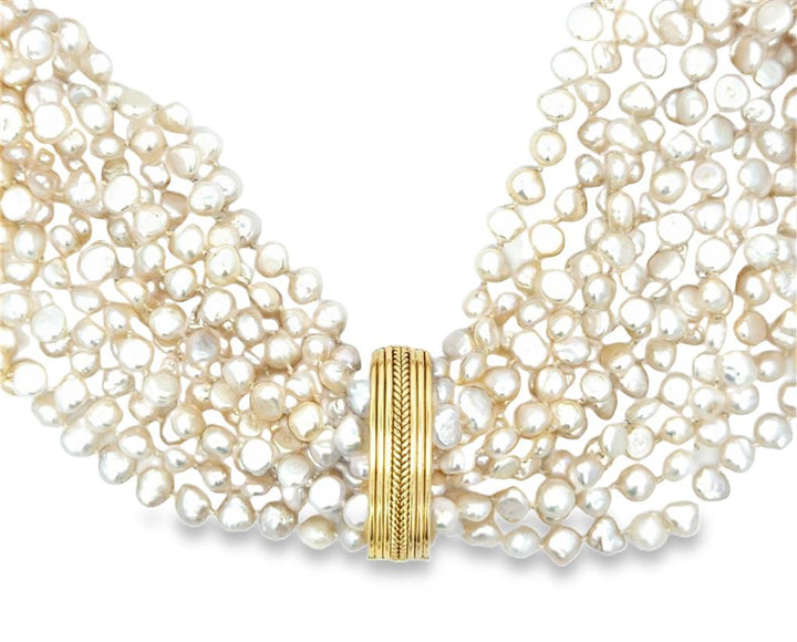 Elizabeth Gage Multi-Strand Pearl Necklace with 18K Yellow Gold Clasp