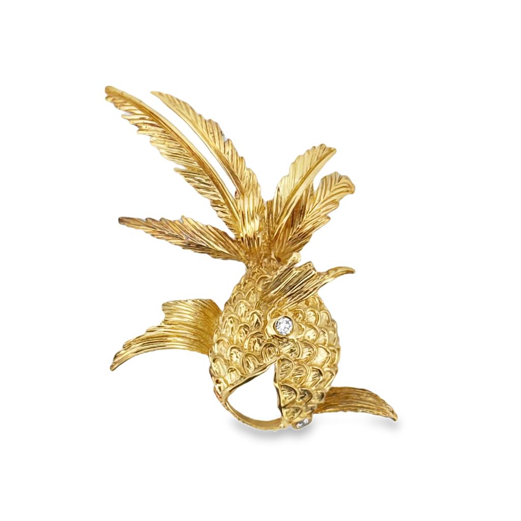 Henry Dunay 0.12 CTW Diamond Eye Abstract Fish Brooch in 18K Yellow Gold