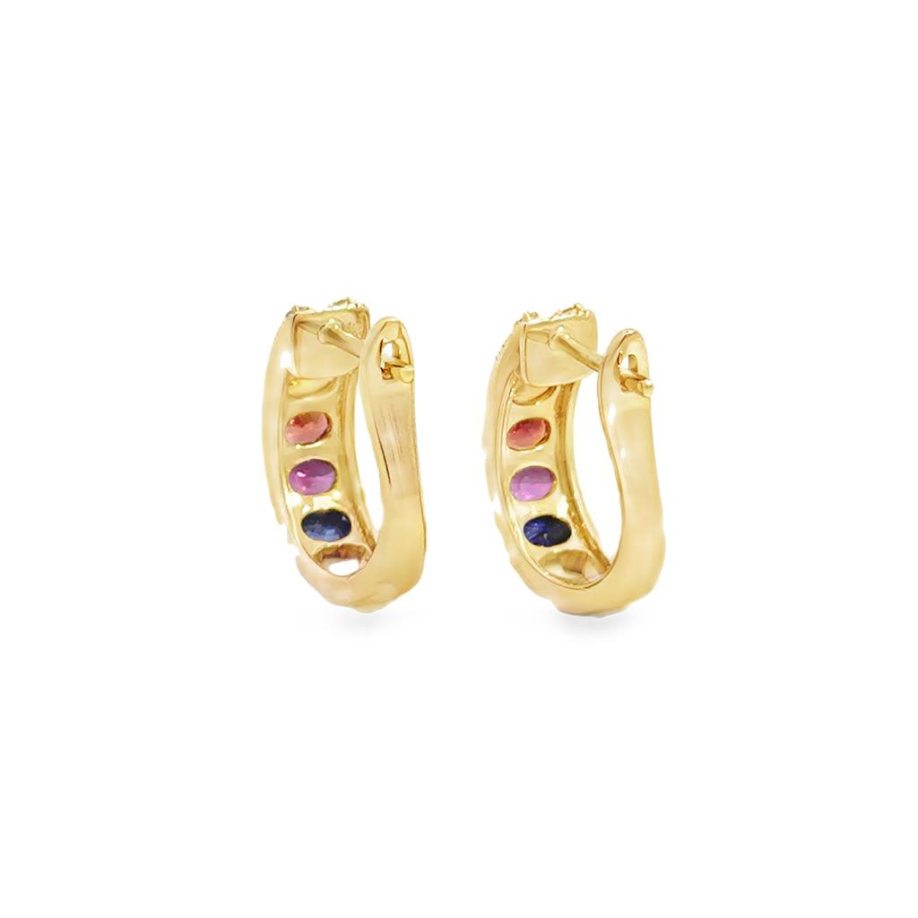 1.98 CTW Rainbow Sapphire & 0.11 CTW Diamond 14K Yellow Gold Hoop Earrings