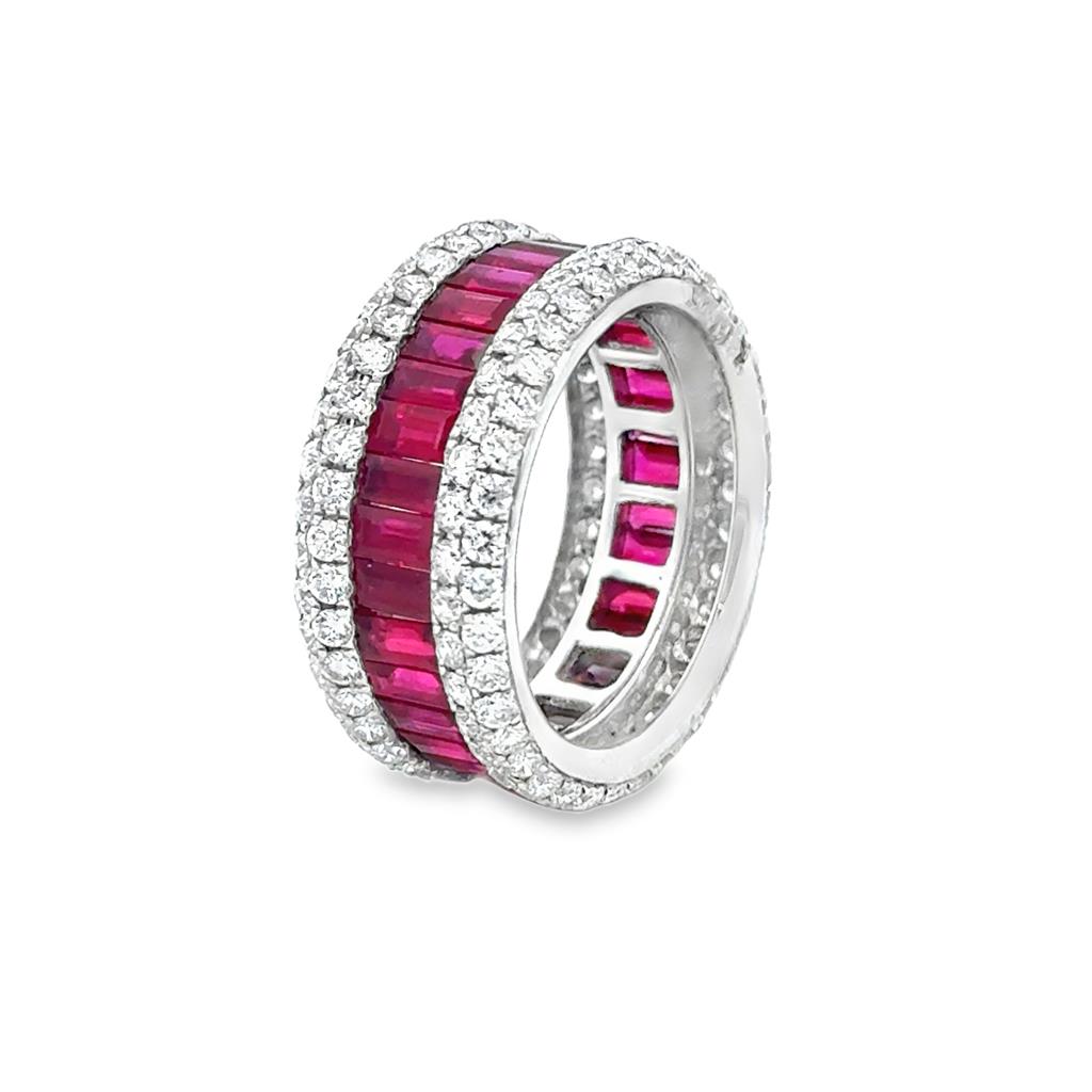 4.33 CTW Baguette Ruby and 2.48 CTW Round Diamond Wide Band Ring in 14K White Gold