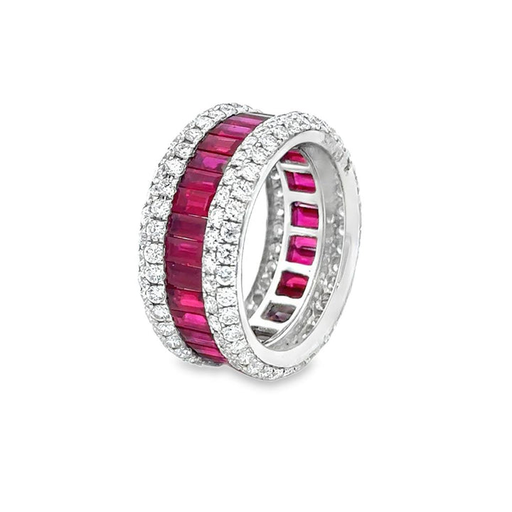 4.33 CTW Baguette Ruby and 2.48 CTW Round Diamond Wide Band Ring in 14K White Gold
