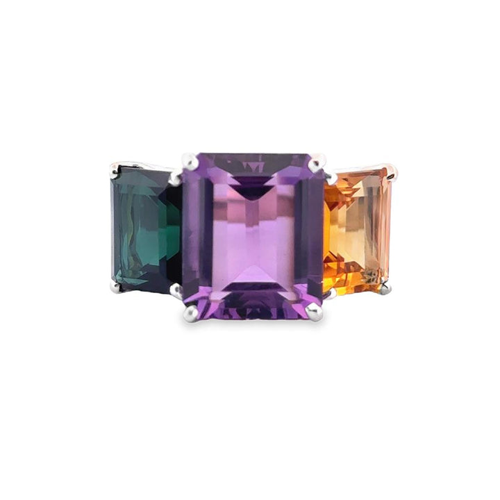 Multi-Gemstone Three-Stone Statement Ring in 18K White Gold