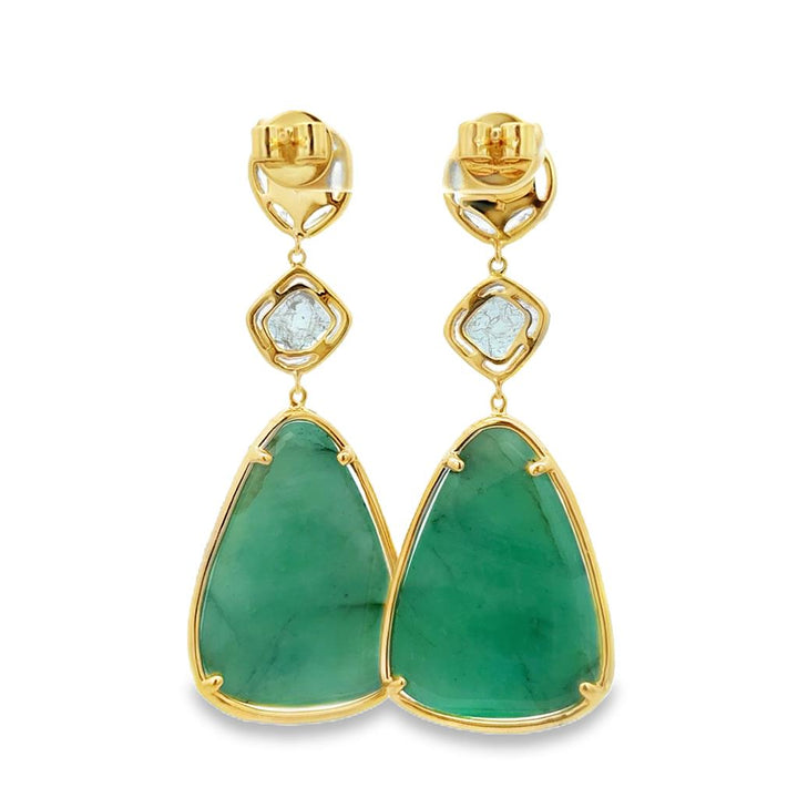 Emerald Cabochon & Diamond 14K Yellow Gold 2" Drop Earrings