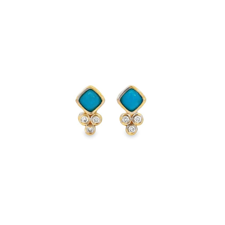 18K Yellow Gold Turquoise and Diamond Stud Earrings