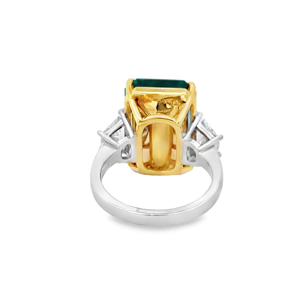 12.89 CT Emerald & 1.23 CTW Diamond 18K Two-Tone Gold 3 Stone Ring
