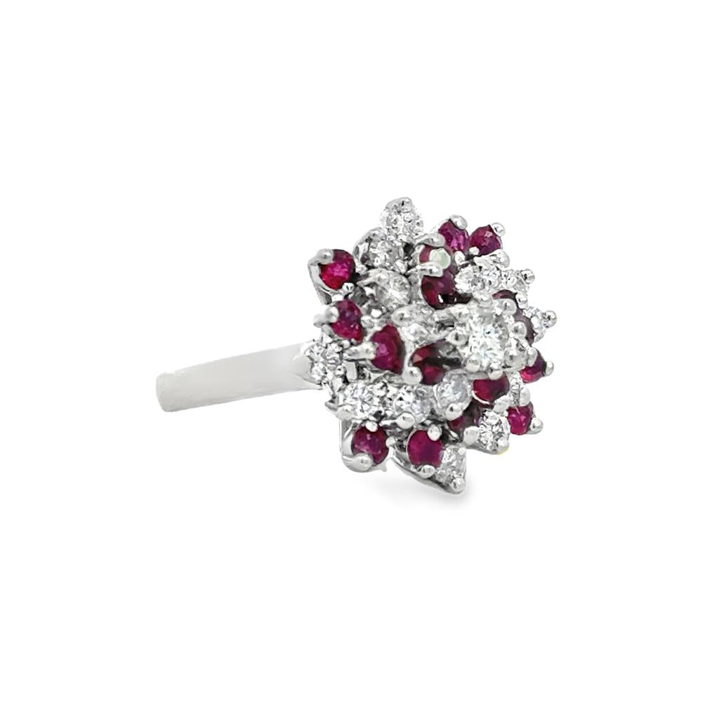 0.60 CTW Diamond & Ruby Cluster Ring in 14K White Gold – Size 6