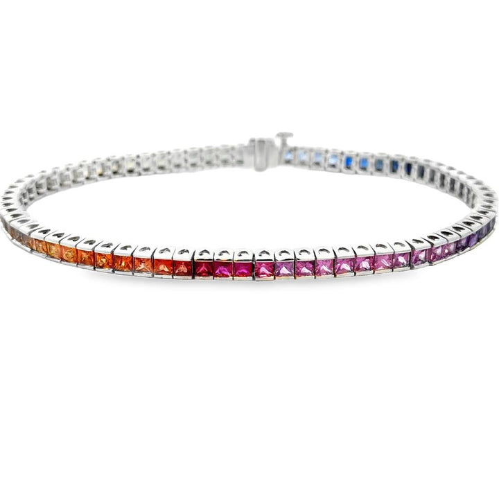 8.00 CTW Rainbow Sapphire 14K White Gold Princess-Cut Bracelet