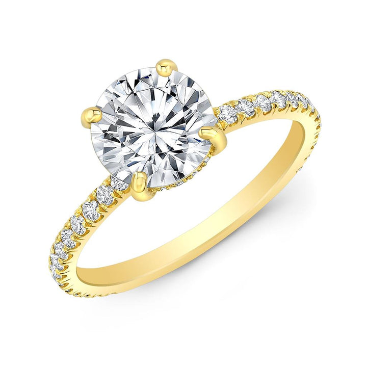 Hidden Halo Semi-Mount Diamond 18K Yellow Gold Micro Pave Setting Engagement Ring