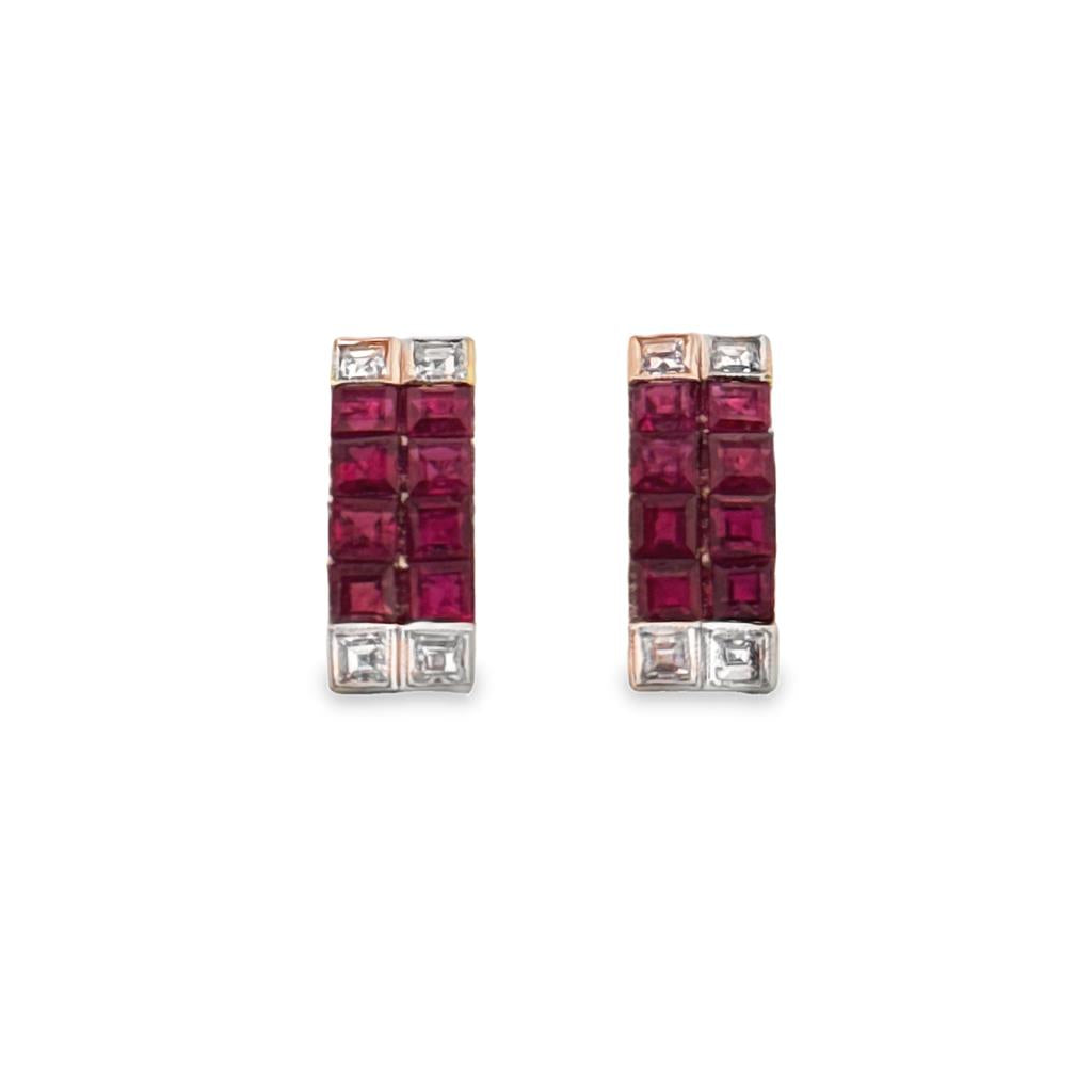 Ruby & Diamond Princess Cut Earrings in 14K Yellow Gold, 14mm