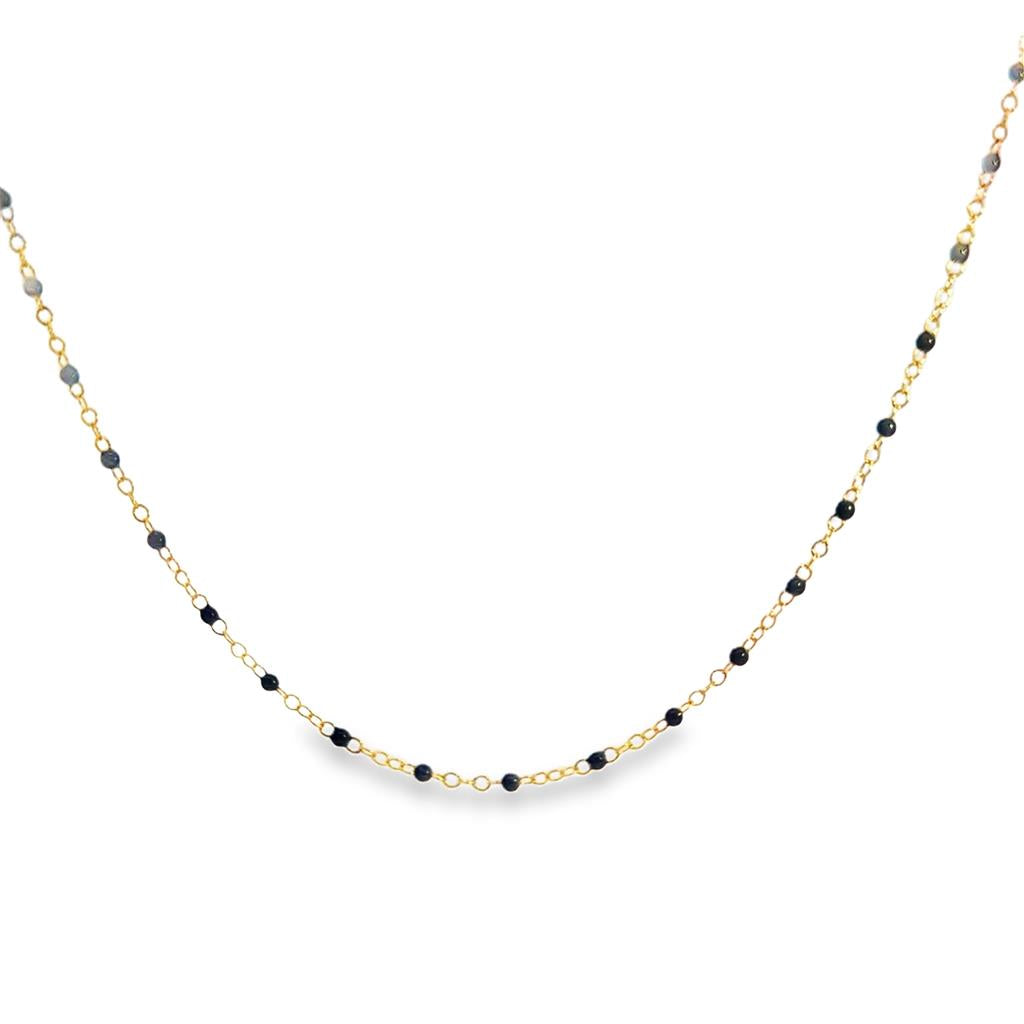 2mm Black Enamel Bead 14K Yellow Gold Piatto Chain Necklace, 18"
