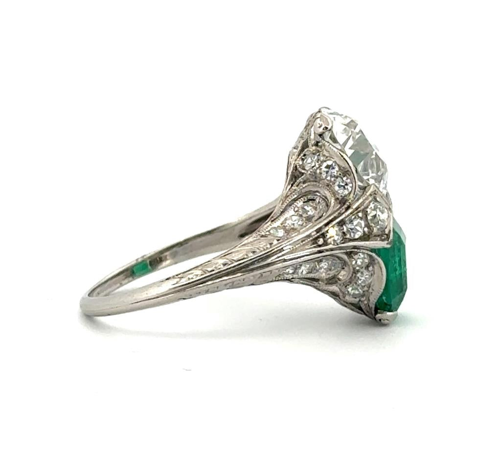 Vintage 1.96 CT Diamond and 1.43 CT Emerald Platinum Ring