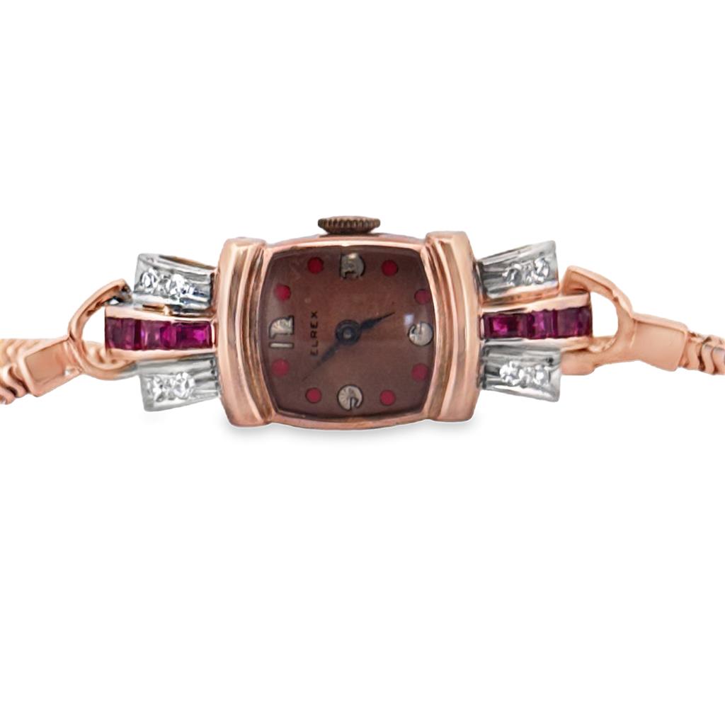 Original Retro 14K Rose Gold Ladies Watch with Diamonds  & Rubies