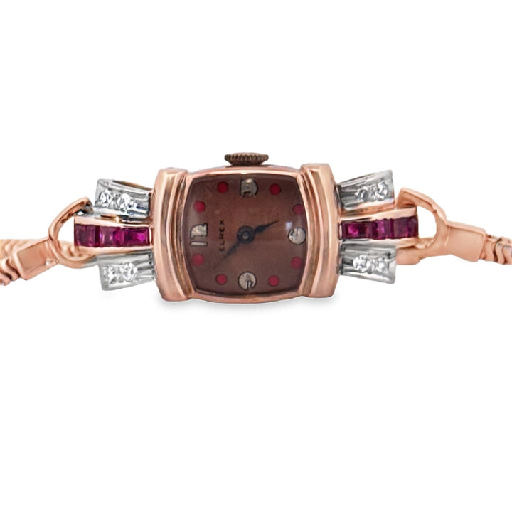 Original Retro 14K Rose Gold Ladies Watch with Diamonds  & Rubies