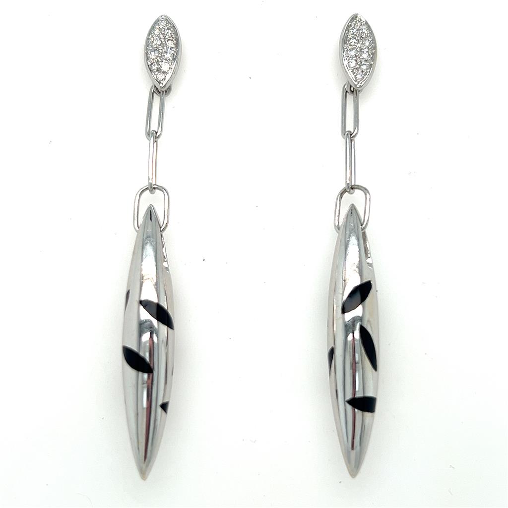 0.30 CTW 18K White Gold Zebra Enamel Diamond Paperclip Drop Earrings