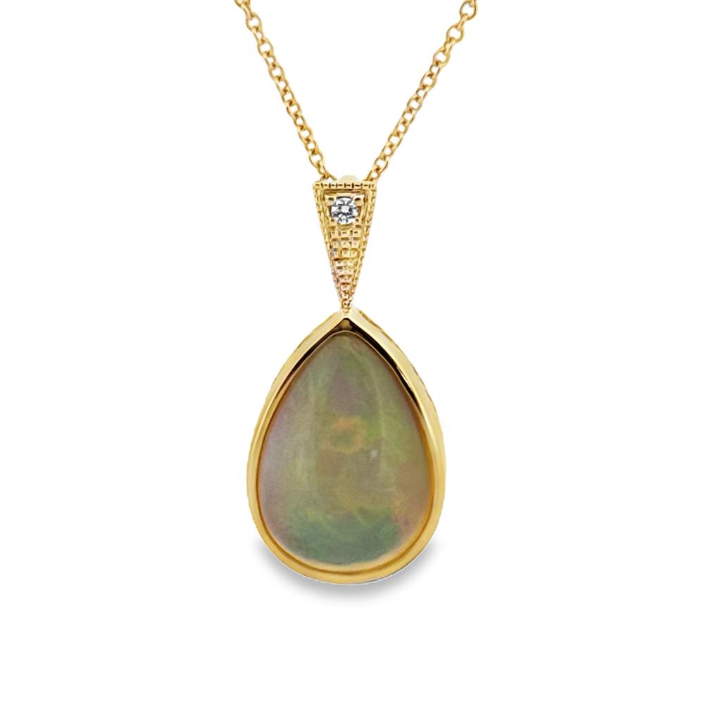 9.04 CT Ethiopian Opal & 0.05 CT Diamond 14K Yellow Gold Teardrop Pendant Necklace